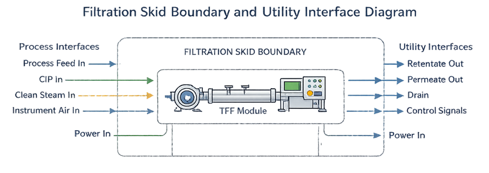 Diagram showing filtration skid boundary with interfaces to clean steam, water for injection, compressed air or nitrogen, process vessels, and control systems.