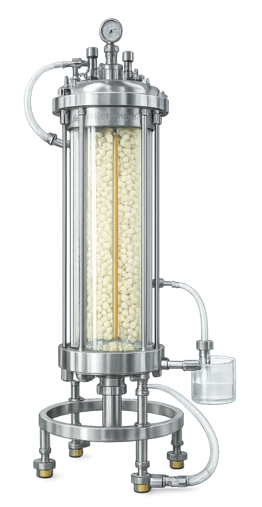 Photograph of a stainless steel GMP production chromatography column with packed bed, inlet and outlet distributors, and process connections in a biopharmaceutical facility.