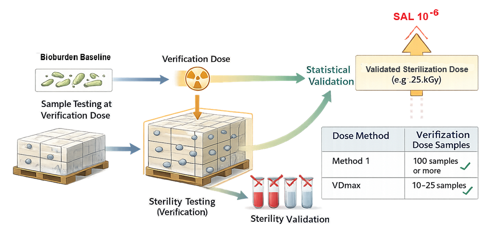 Radiation sterilization dose establishment diagram showing bioburden baseline, verification dose exposure, sterility testing, statistical validation, and resulting validated sterilization dose with comparison of Method 1 and VDmax sample sizes.
