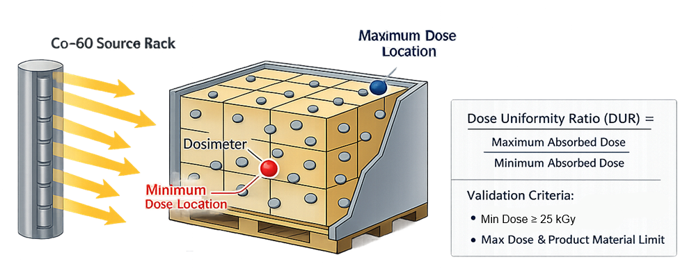 Gamma sterilization dose mapping diagram showing pallet cross-section, dosimeter placement, minimum and maximum dose locations, and dose uniformity ratio calculation.”