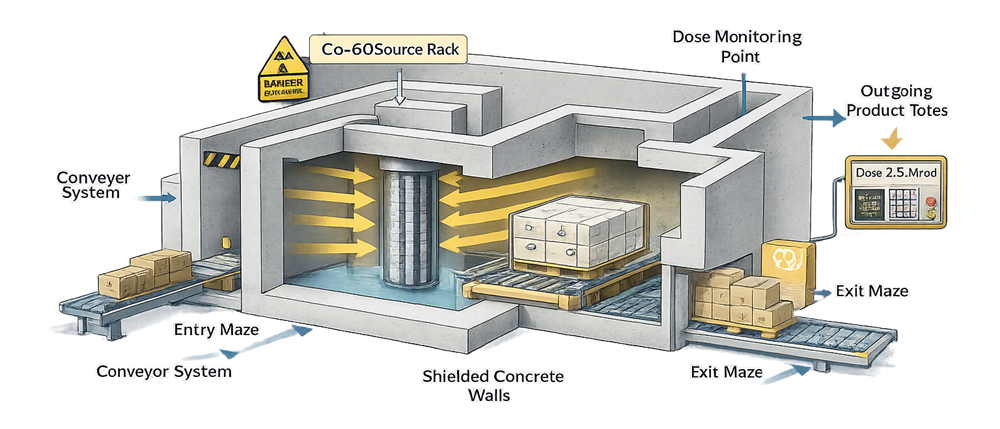 Gamma irradiation facility diagram showing shielded concrete chamber, Cobalt-60 source rack, conveyor transport system, entry and exit mazes, product pallet exposure zone, and routine dose monitoring point within a contract gamma sterilization facility.