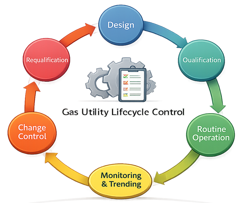 Lifecycle model showing qualification, monitoring, change control, and requalification of gas utilities in GMP manufacturing.