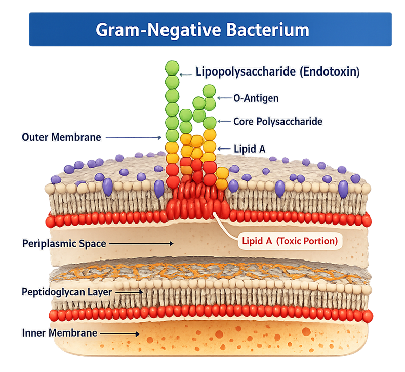 Cross-sectional diagram of a Gram-negative bacterial cell envelope showing outer membrane, lipopolysaccharide structure with O-antigen, core polysaccharide, and lipid A anchored in the membrane, periplasmic space, peptidoglycan layer, and inner membrane.