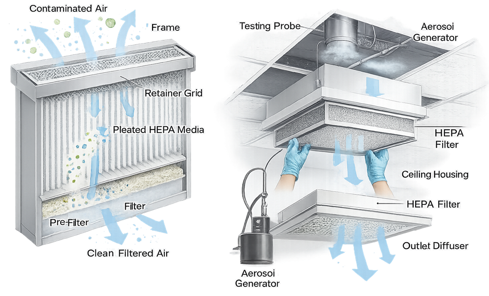 Terminal HEPA filter installation and sealing in cleanroom ceiling
