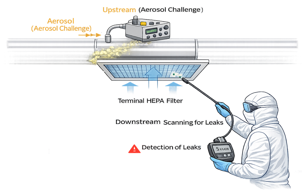 HEPA filter integrity testing using aerosol challenge and downstream photometer scanning