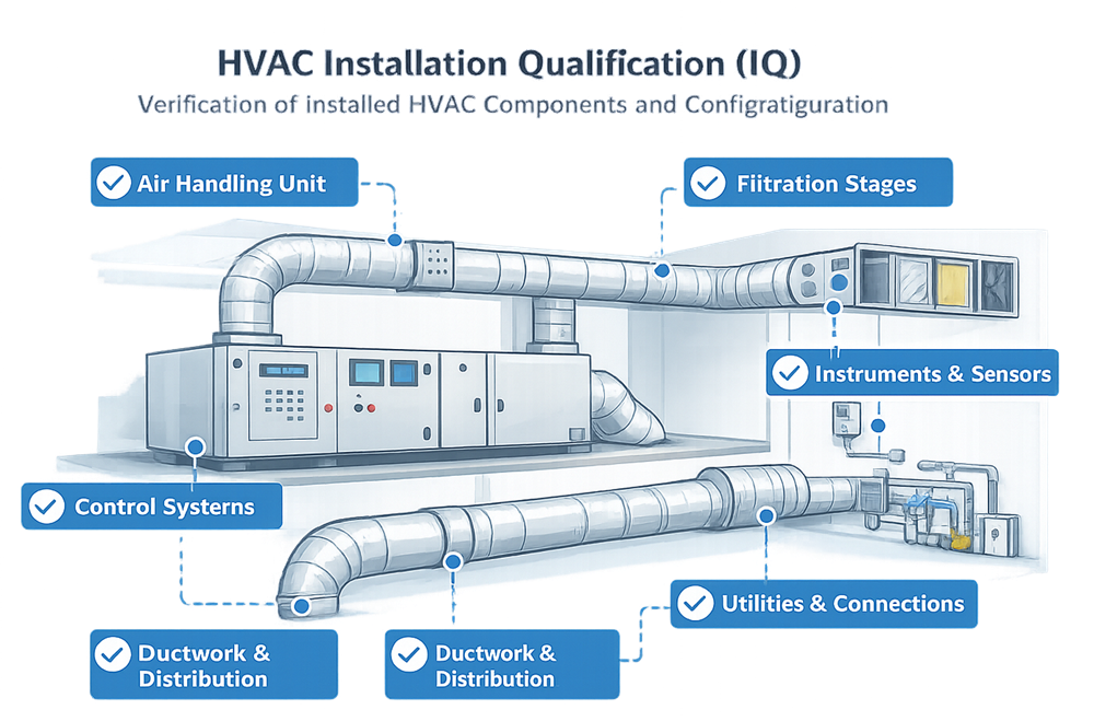 HVAC installation qualification scope showing verification of installed HVAC components prior to operational testing
