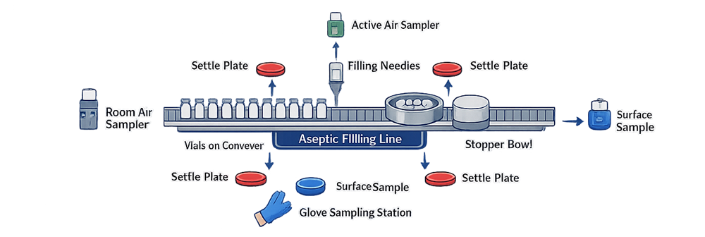 ISO 5 monitoring location map for aseptic filling line showing active air sampling near filling needles, settle plates along open vial path, surface sampling points on equipment, glove fingertip monitoring, and surrounding ISO 7 background sampling.