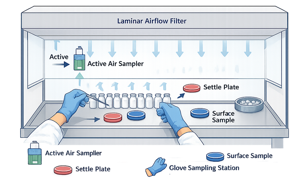 ISO 5 monitoring layout for manual aseptic filling hood showing laminar airflow filter, active air sampler positioned near open vials, settle plates within the work zone, surface sampling locations on work surface, and glove fingertip monitoring area..