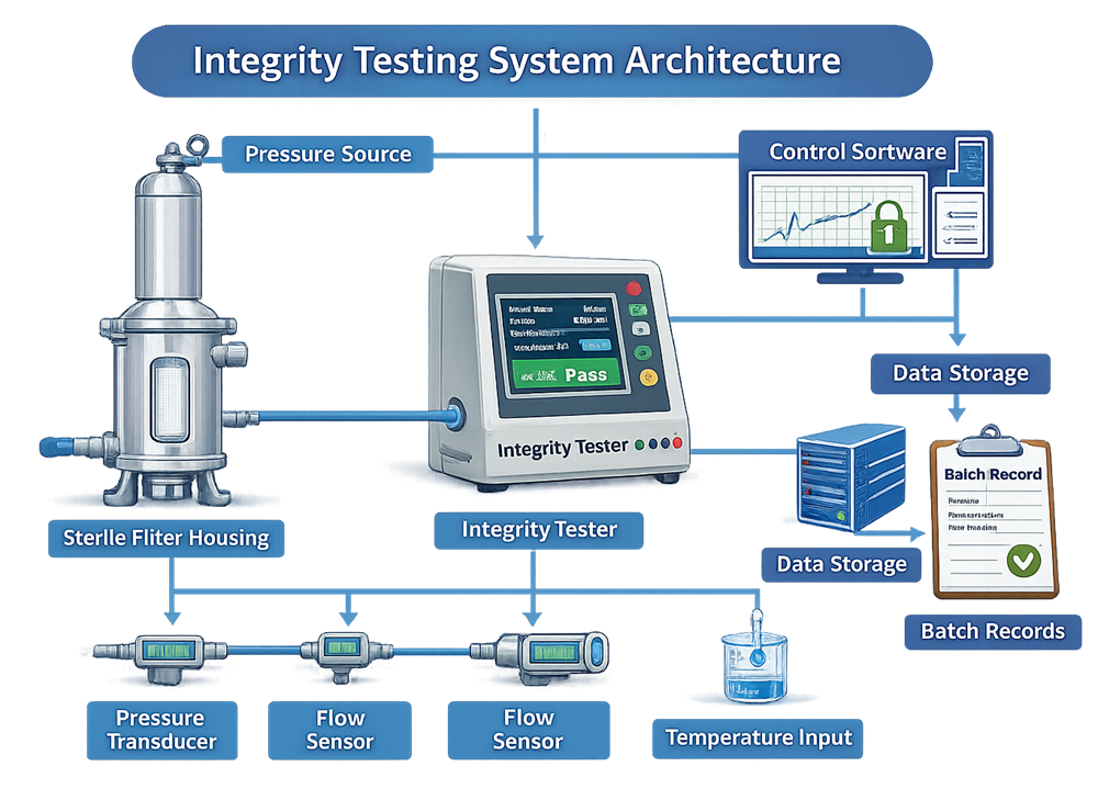 Block diagram of sterile filter integrity testing system showing filter housing connected to integrity tester with pressure source, pressure transducer, flow sensor, control software, and electronic data interface to batch records.