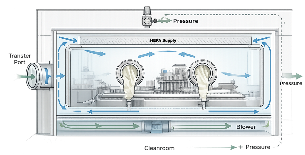 Cross-sectional diagram of an aseptic isolator showing sealed enclosure, internal HEPA-filtered airflow, recirculation path, glove ports, and pressure differential relative to cleanroom.