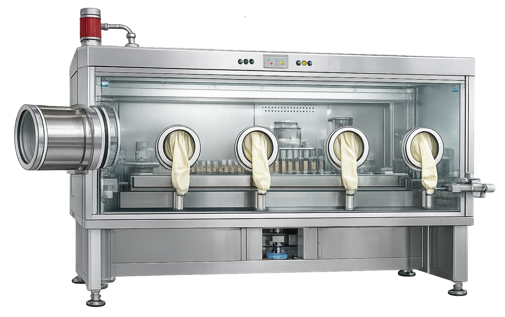 Photograph of a stainless steel aseptic isolator with sealed enclosure, glove ports, rapid transfer port, and internal processing equipment.