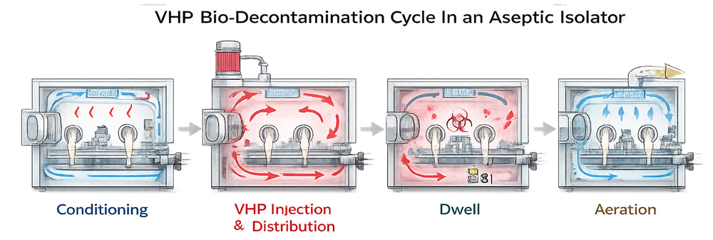 Diagram illustrating vaporized hydrogen peroxide decontamination cycle phases inside an aseptic isolator.