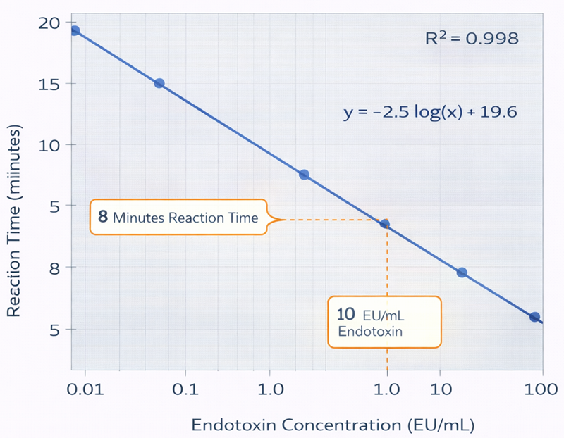 Kinetic chromogenic endotoxin standard curve showing inverse linear relationship between log endotoxin concentration and reaction time within validated calibration range.