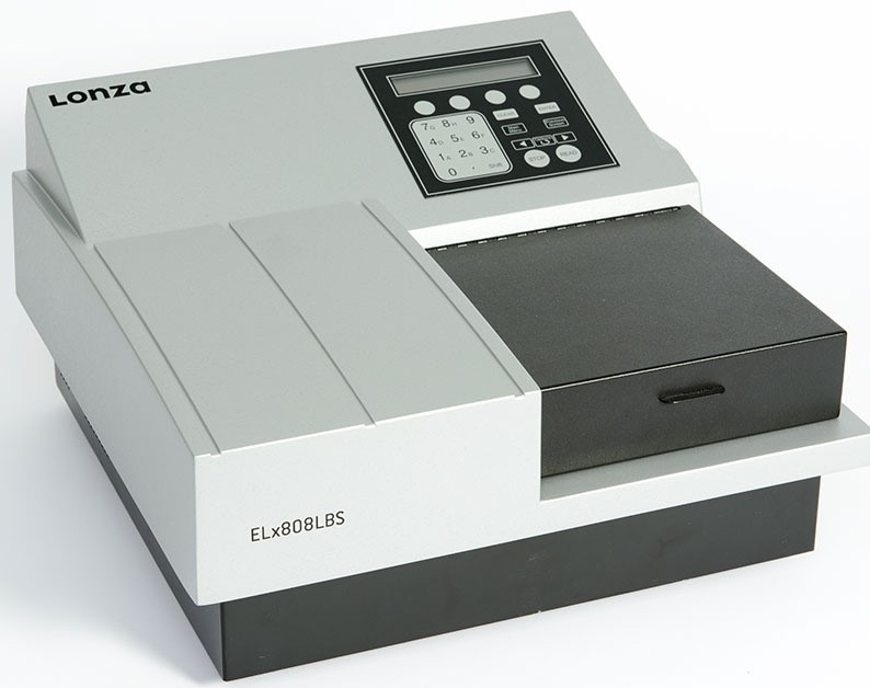 Microplate reader used for kinetic chromogenic bacterial endotoxin testing with time-based absorbance measurement.