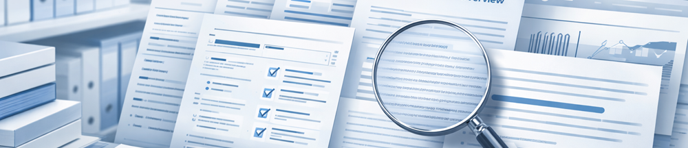 Validation documents and audit checklists under magnification symbolizing regulatory review and quality oversight