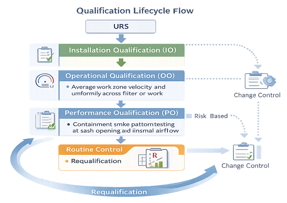 Flow diagram showing URS, Installation Qualification, Operational Qualification, Performance Qualification, and ongoing lifecycle control for BSCs and LFHs.