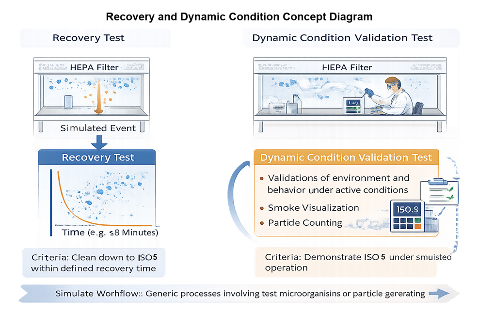 Diagram illustrating airflow disturbance and recovery to ISO 5 conditions in biosafety cabinet or laminar flow hood.