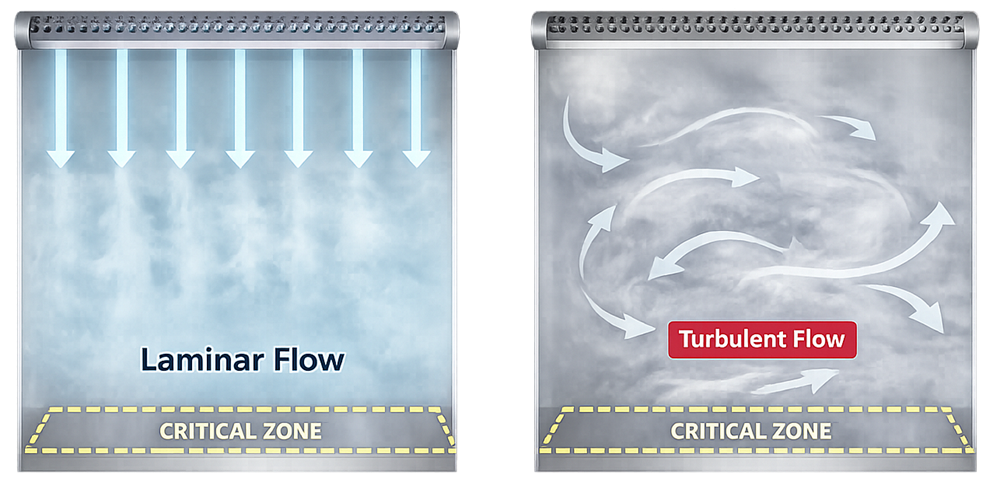 Diagram comparing laminar and turbulent airflow patterns observed during cleanroom smoke studies