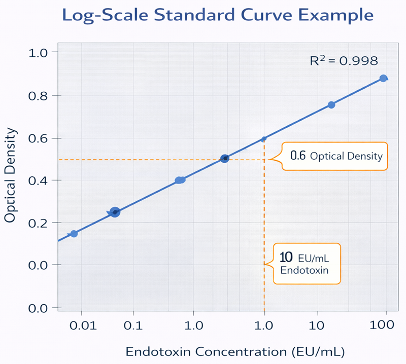 Log-scale standard curve for quantitative bacterial endotoxin testing showing instrument response plotted against logarithmic endotoxin concentration with linear regression and interpolation example.