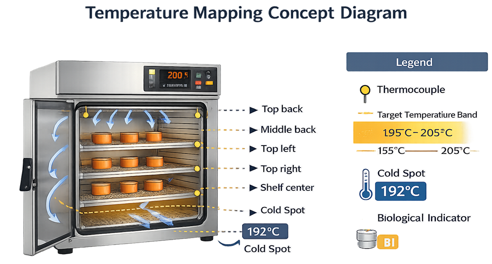 Dry heat sterilization temperature mapping diagram showing thermocouple placement, airflow pattern, and identified cold spot within oven chamber during qualification.
