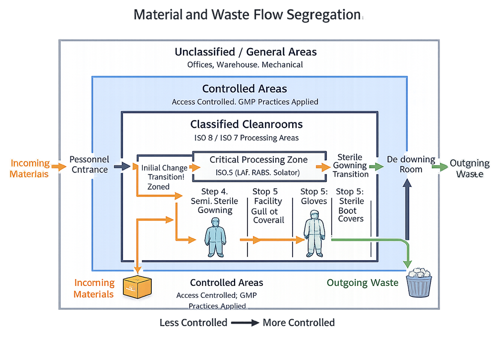 Material and waste flow segregation diagram showing unidirectional movement of incoming materials and outgoing waste through cleanroom zones toward and away from a critical processing zone