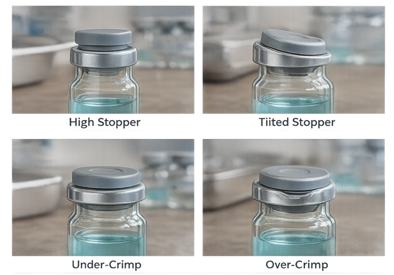 Four-panel technical illustration showing high stopper, tilted stopper, under-crimp, and over-crimp defects in vial stoppering and sealing systems.
