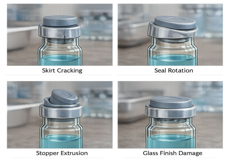 Four-panel technical illustration showing skirt cracking, seal rotation, stopper extrusion, and glass finish damage in crimped vial closure systems.