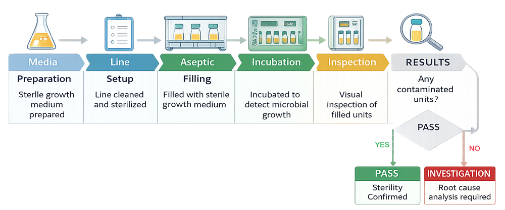 Process overview diagram of media fill showing sequential stages of media preparation, line setup, aseptic filling simulation, incubation, inspection, and contamination decision pathway leading to pass or investigation.