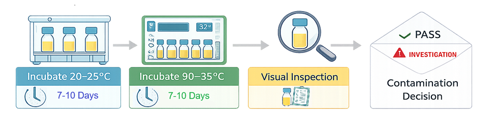 Clean incubation and inspection workflow diagram showing two-stage incubation at 20–25°C followed by 30–35°C, then visual inspection of units and final contamination decision pathway.
