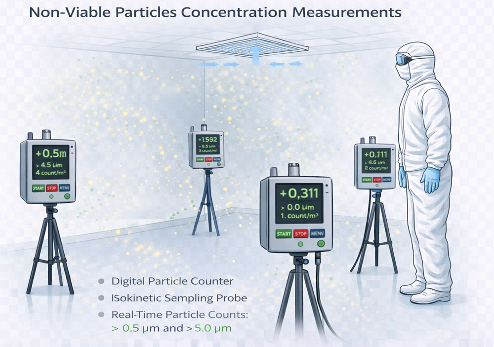 Non-viable particle concentration measurements performed at multiple room locations using particle counters positioned to support ISO cleanroom classification