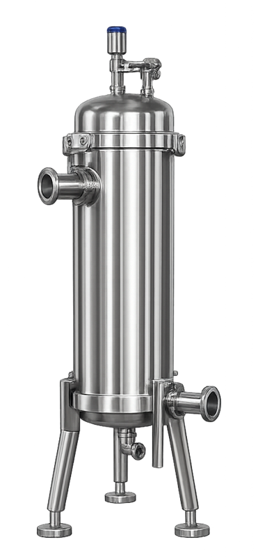 Photograph of stainless steel sanitary sterile filtration housing with inlet and outlet connections in a pharmaceutical manufacturing area.