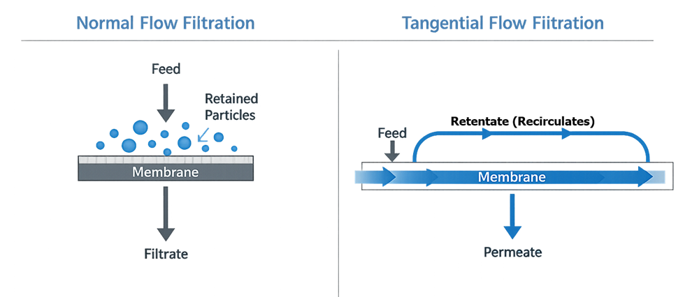 Schematic comparison of normal flow filtration and tangential flow filtration showing perpendicular membrane flow versus parallel crossflow with retentate recirculation.