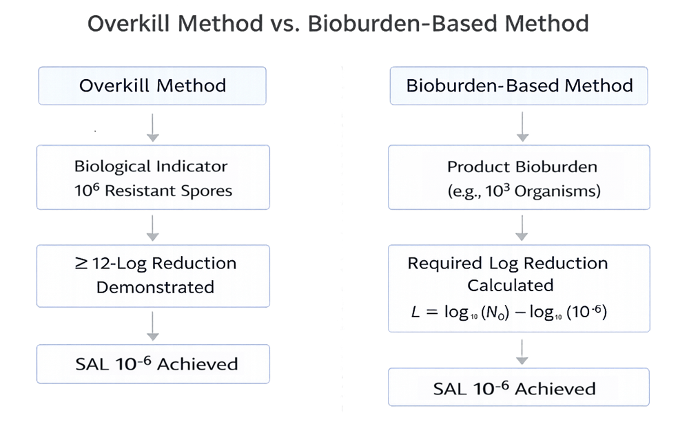 Diagram illustrating overkill sterilization validation showing 10⁶ biological indicator spores reduced by 12 logs to achieve SAL 10⁻⁶.