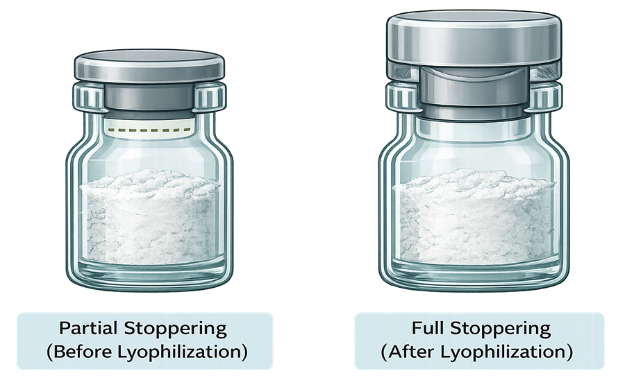 Side-by-side technical illustration showing partially stoppered vial before lyophilization with elevated stopper position and fully seated stopper after lyophilization forming complete compression seal within vial neck.