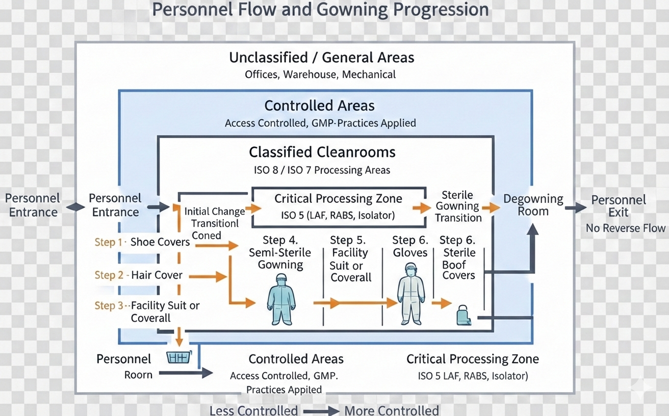 Personnel flow and gowning progression diagram showing staged gowning and one-directional movement from unclassified areas to a critical processing zone