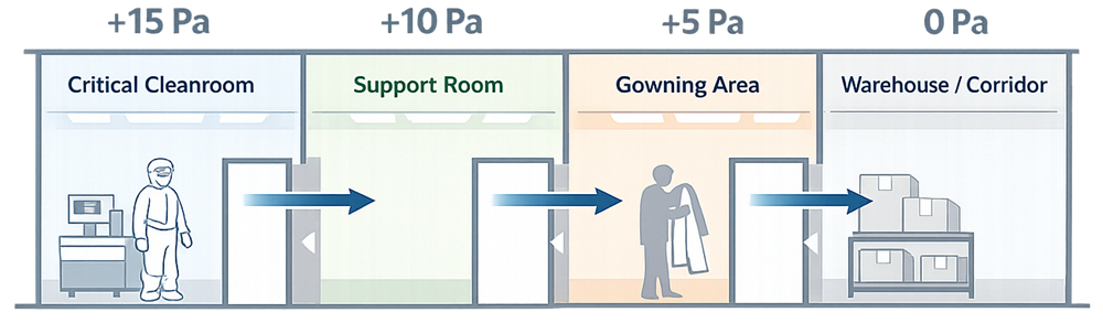Pressure cascade showing airflow from higher-pressure clean rooms to lower-pressure adjacent areas