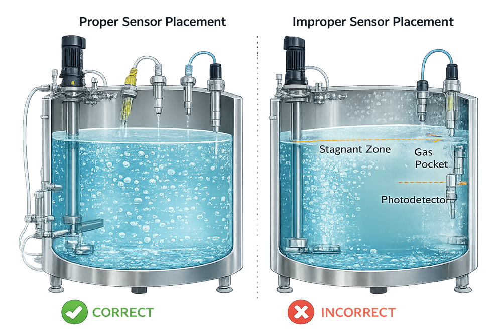 Bioreactor cross-section showing correct and incorrect placement of process sensors relative to impeller and sparger.