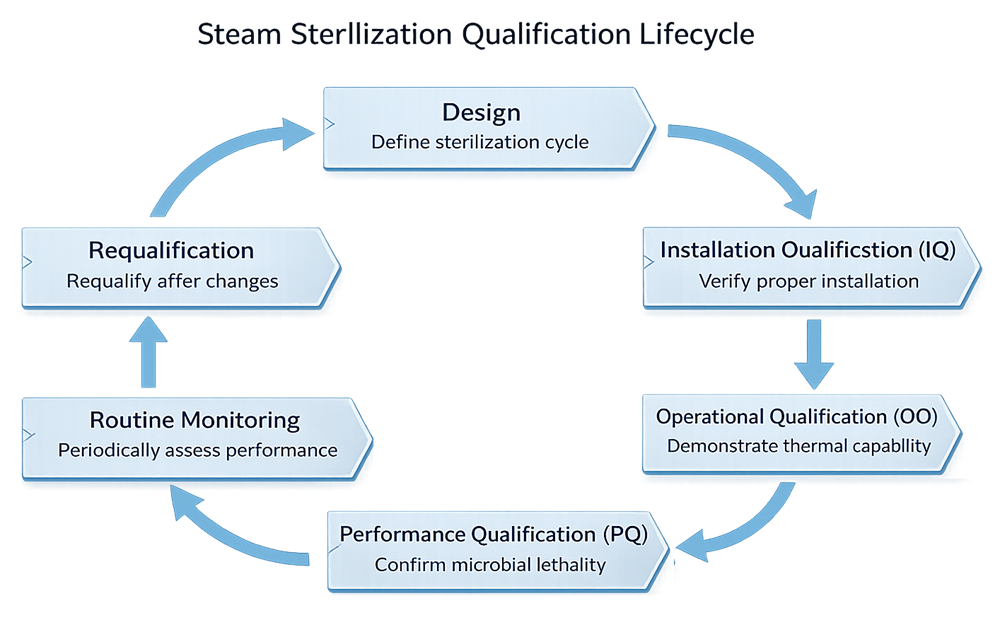 Diagram showing steam sterilization qualification lifecycle including Design, Installation Qualification, Operational Qualification, Performance Qualification, Routine Monitoring, and Requalification.