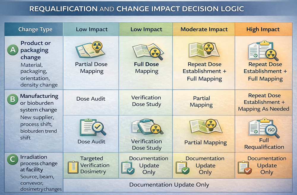 Radiation sterilization requalification decision flow showing change classification, impact assessment, and outcomes including documentation update, verification dose study, partial mapping, or full requalification.