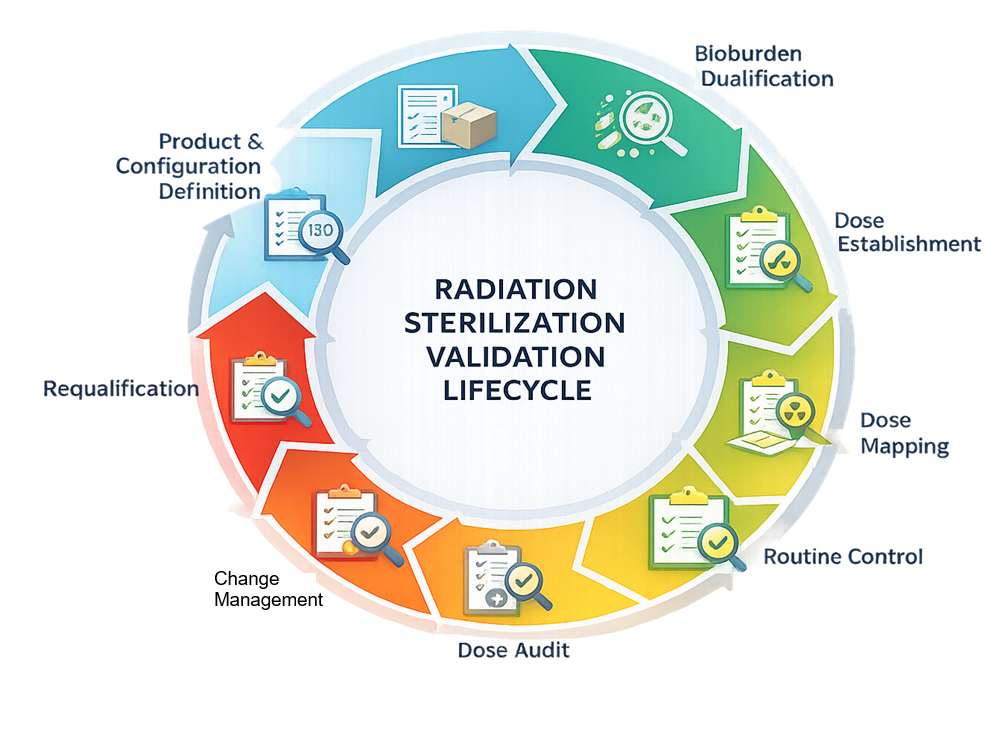 Radiation sterilization validation lifecycle diagram showing product definition, bioburden qualification, dose establishment, dose mapping, routine control, dose audit, change management, and requalification in a continuous cycle.
