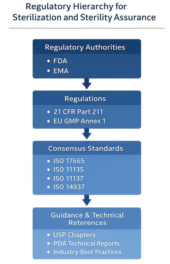 Diagram illustrating the regulatory hierarchy for sterilization, showing regulatory authorities at the top, followed by regulations, consensus standards, and technical guidance.