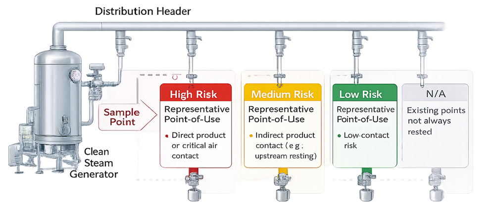 Performance qualification sampling strategy for clean steam showing representative points of use