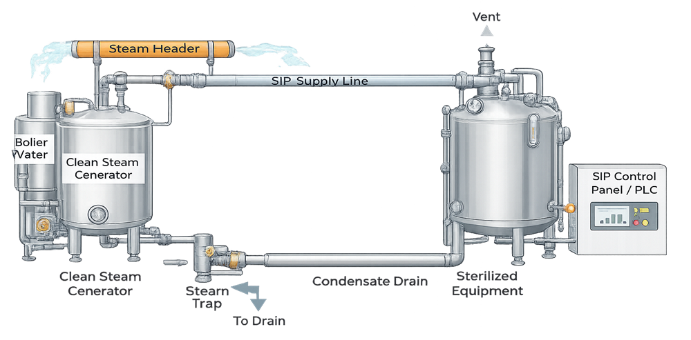 Typical Steam-in-Place utility system architecture showing steam supply, sterilized equipment, condensate drainage, and control interfaces