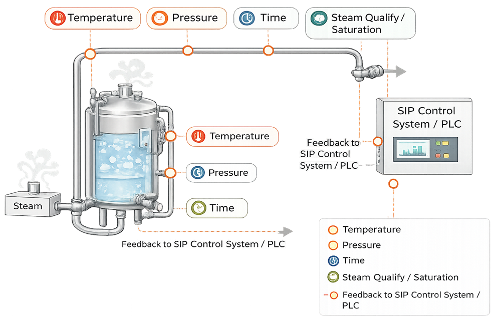 Steam-in-Place utility system critical parameters and control points including temperature, pressure, time, and steam quality with feedback to the SIP control system