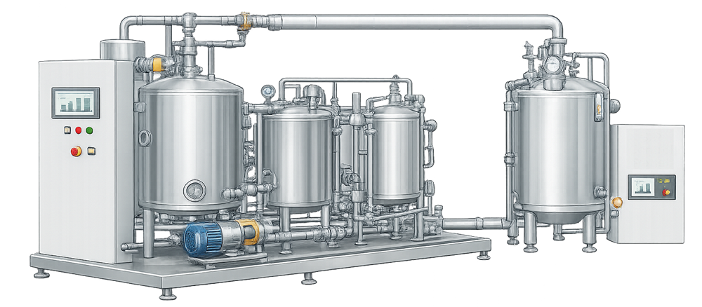 Stainless steel Steam-in-Place utility system skid with steam distribution piping, condensate management, instrumentation, and control cabinet