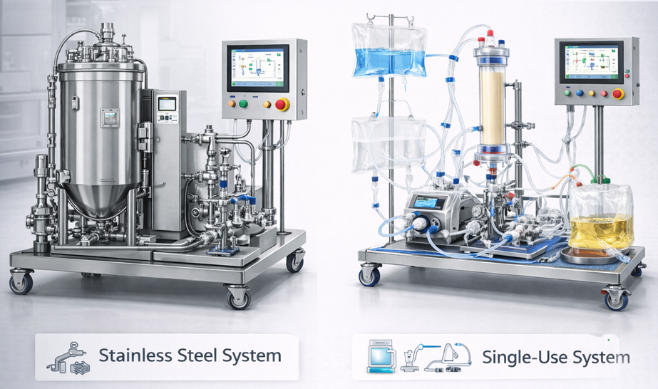 Side-by-side comparison diagram of stainless steel chromatography skid with CIP hardware and single-use chromatography system with disposable tubing assemblies.
