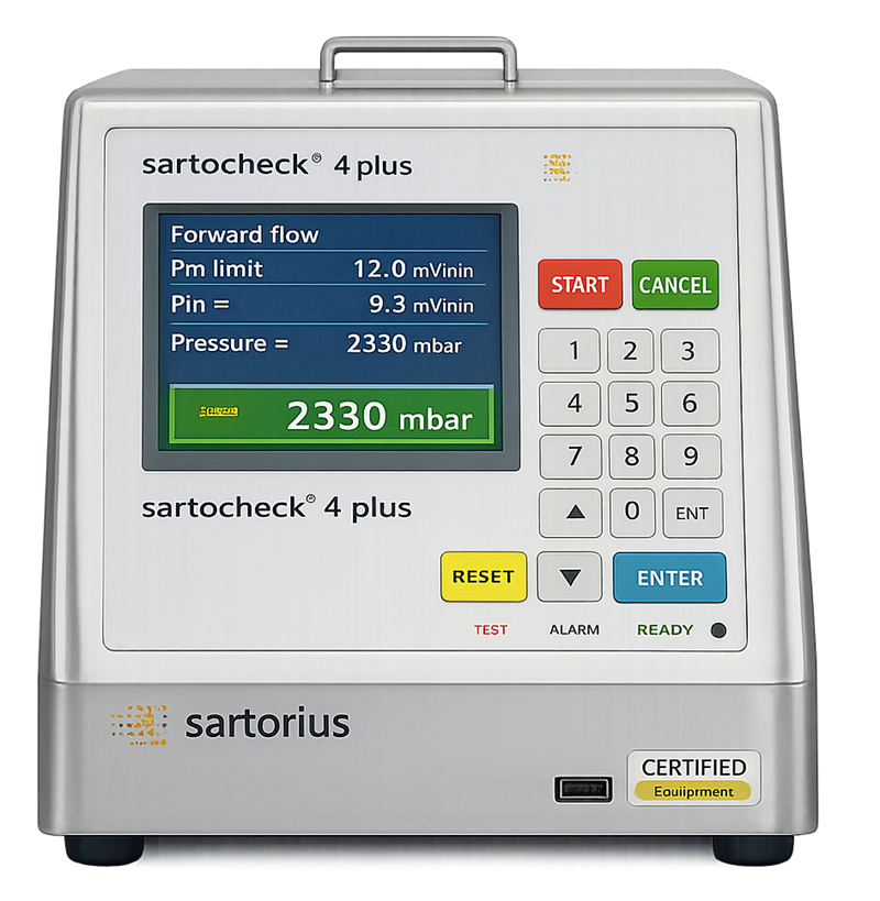 Photograph of Sartocheck automated sterile filter integrity tester used for GMP diffusion and bubble point testing.