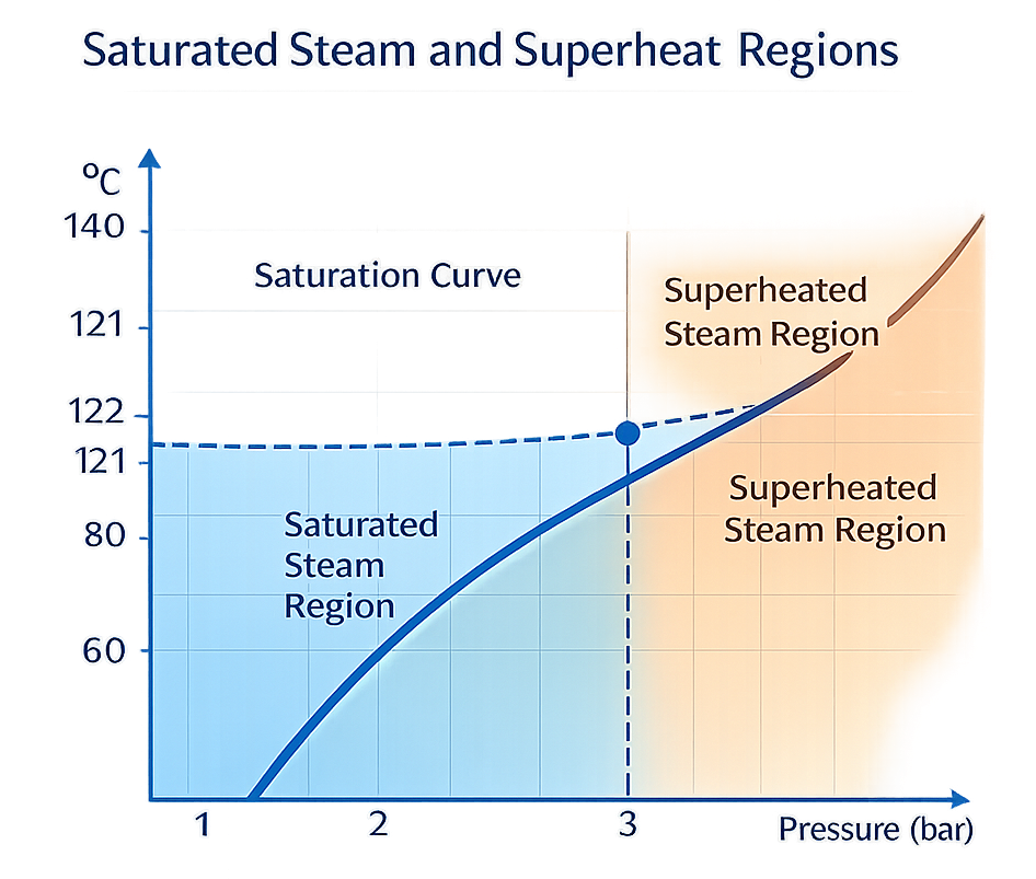 Diagram showing saturated steam temperature-pressure relationship compared to superheated region 