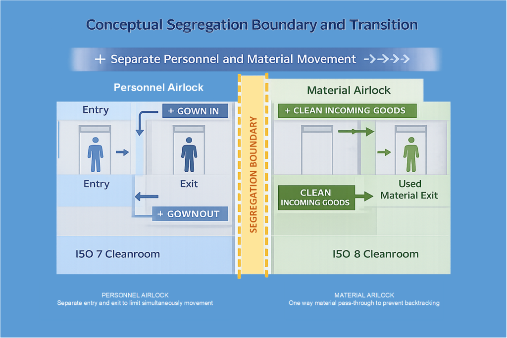 Conceptual segregation boundary and transition diagram showing separate personnel and material airlocks between ISO 7 and ISO 8 cleanroom zones to prevent cross-contamination