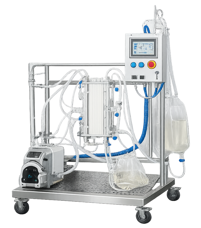 Photograph of single-use tangential flow filtration system with disposable tubing, membrane cassette, and peristaltic pump.